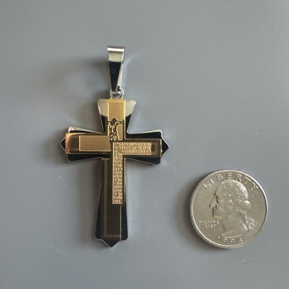 Double Gold Plated Cross Pendant 24 Inch Chain Stainless Steel Religious Gift - Picture 3 of 6